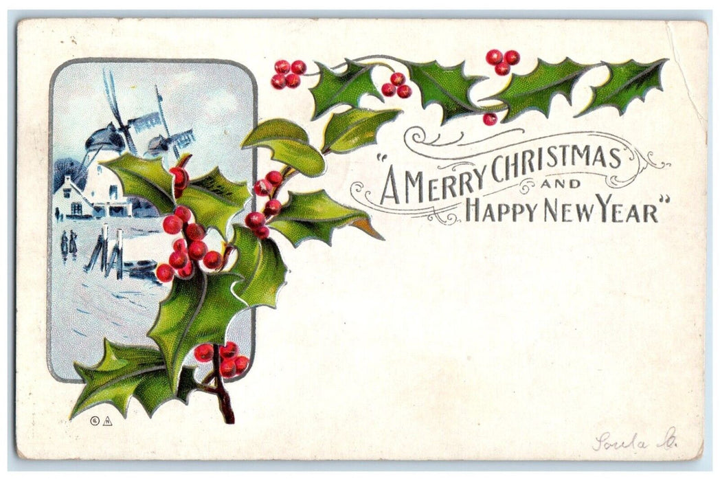 1911 Christmas And New Year Holly Berries Winter Nash Mount Pulaski IL Postcard