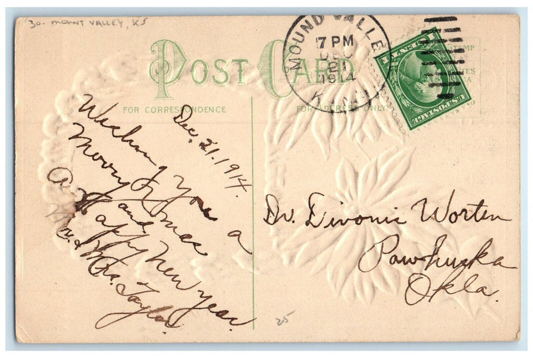 1914 Christmas Poinsettia Flowers Winter Embossed Mound Valley KS Postcard