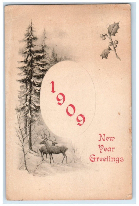 1908 New Year Greetings Deer In Winter Jewell Kansas KS Posted Antique Postcard