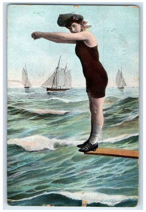 1907 Bathing Beauty Woman Diving Sailboat Milwaukee Wisconsin WI Posted Postcard