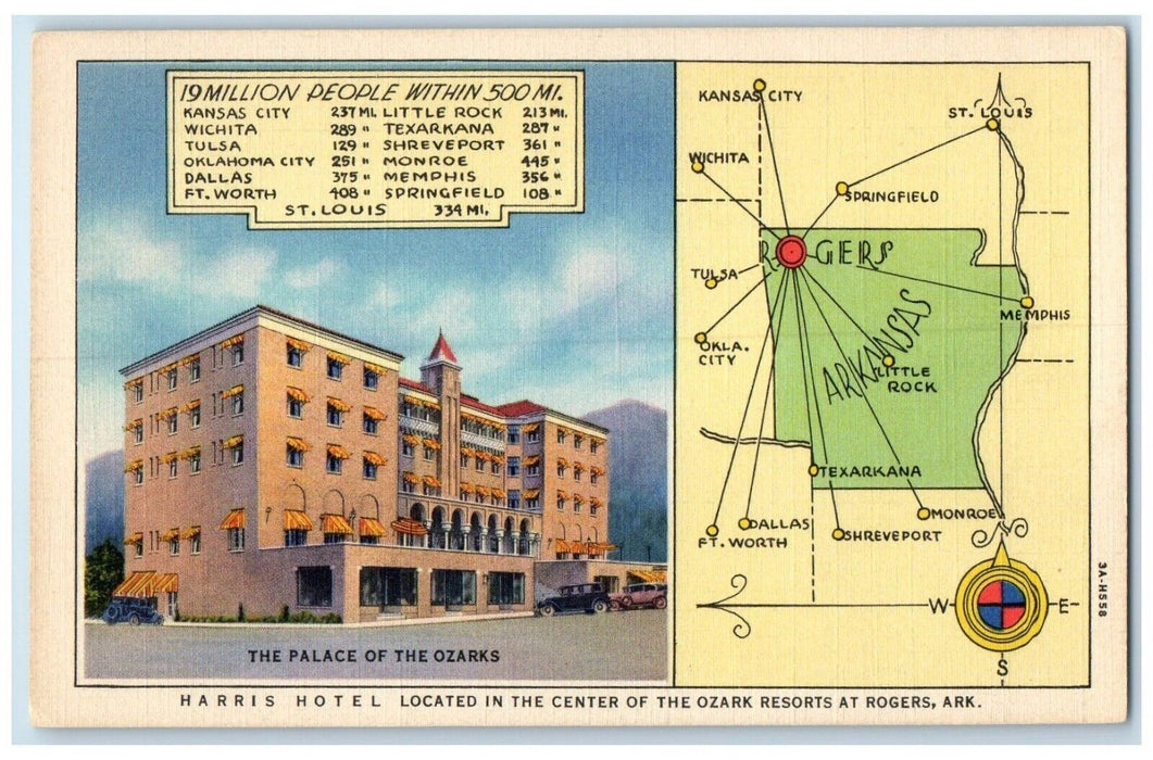 Harris Hotel Building Cars The Palace Of Ozarks Arkansas AR Vintage Postcard