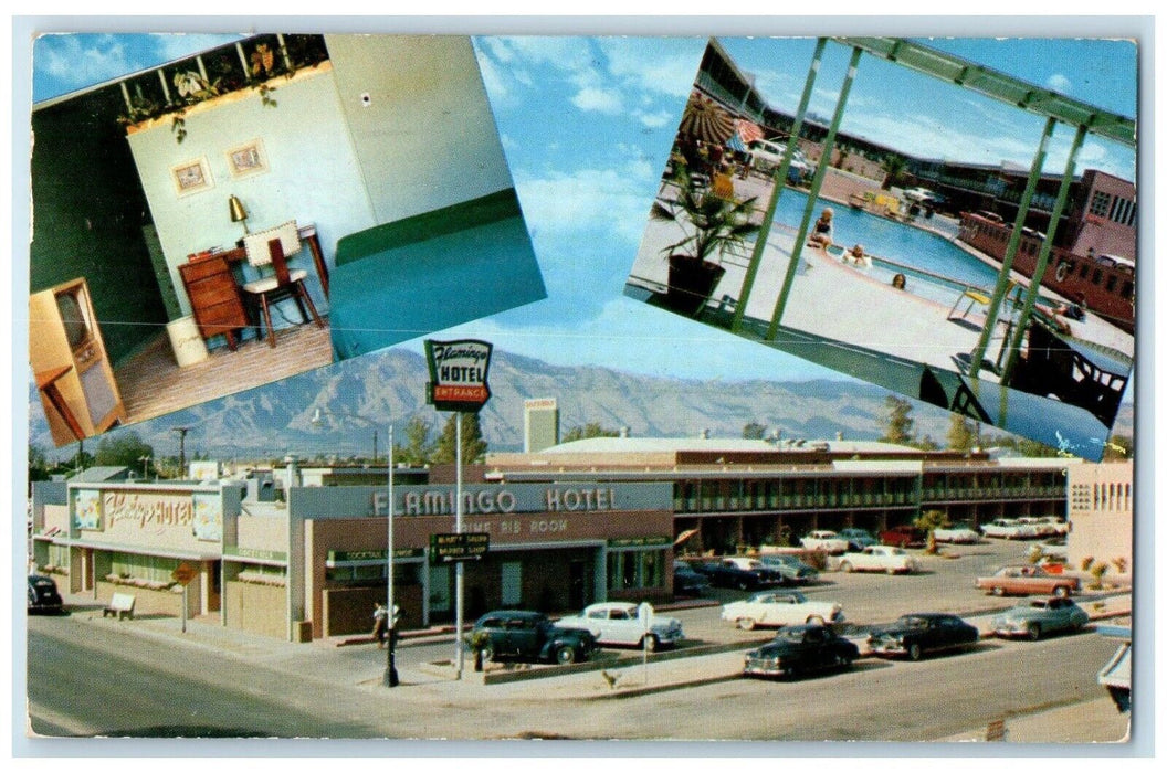 1955 Flamingo Hotel Cars Pool Tucson Arizona AZ, Multiview Vintage Postcard