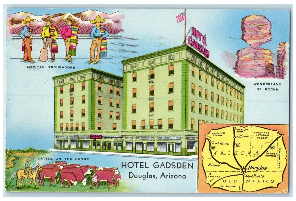 1959 Hotel Gadsden Building Cattle Douglas Arizona AZ, Multiview Posted Postcard