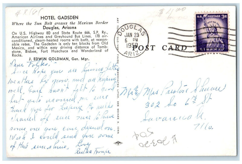 1959 Hotel Gadsden Building Cattle Douglas Arizona AZ, Multiview Posted Postcard