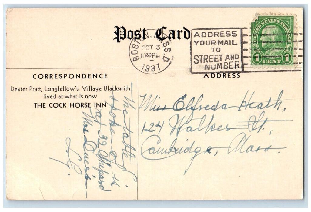 1937 Dexter Pratt's Smithy Cock Horse Inn Cambridge Massachusetts MA Postcard