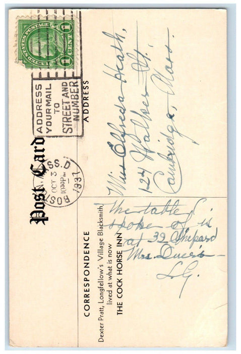 1937 Dexter Pratt's Smithy Cock Horse Inn Cambridge Massachusetts MA Postcard