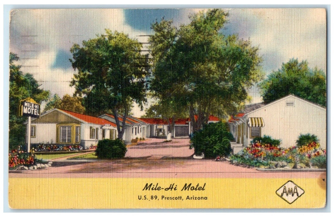 1952 Mile Hi Motel Roadside Prescott Arizona AZ, Flowers Garden Vintage Postcard