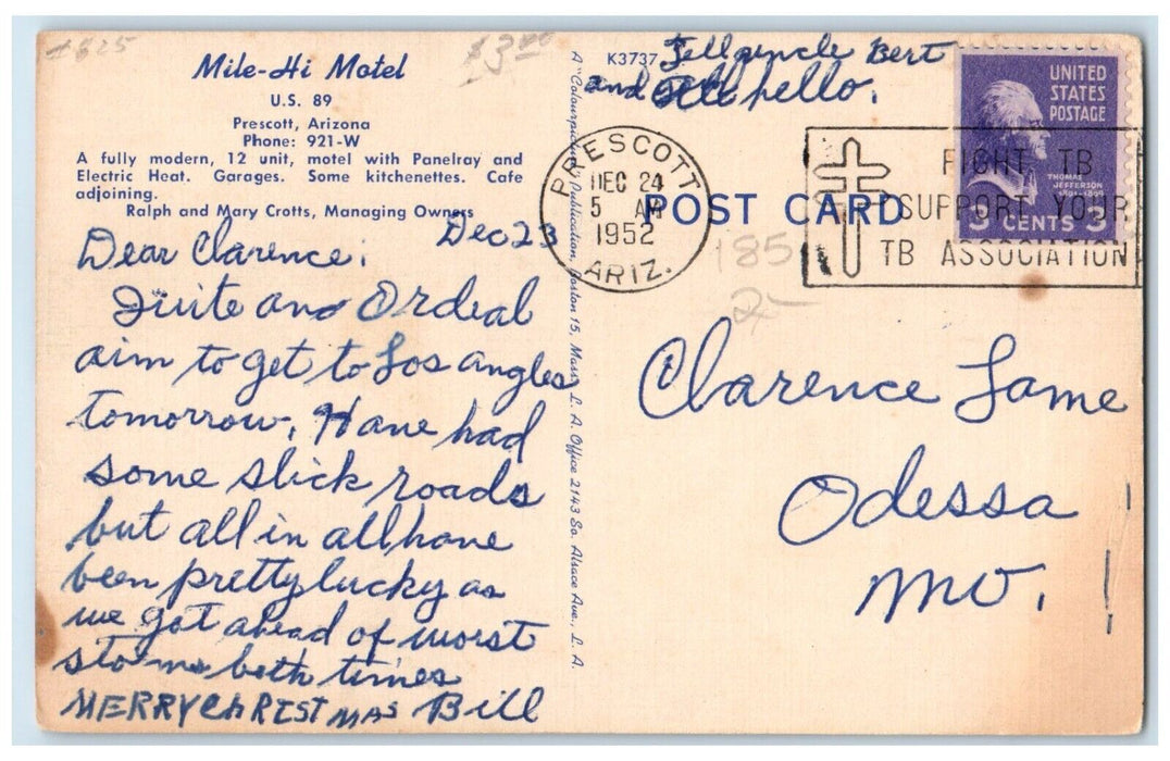 1952 Mile Hi Motel Roadside Prescott Arizona AZ, Flowers Garden Vintage Postcard