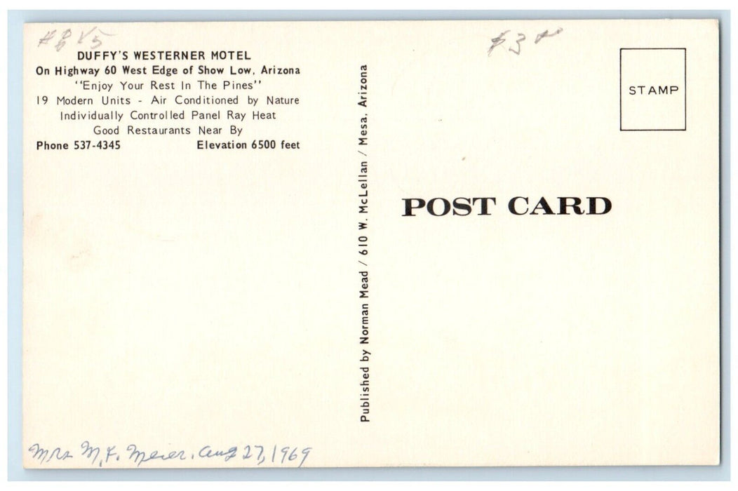 1969 Duffy's Westerner Motel Show Low Phoenix Arizona AZ Posted Vintage Postcard