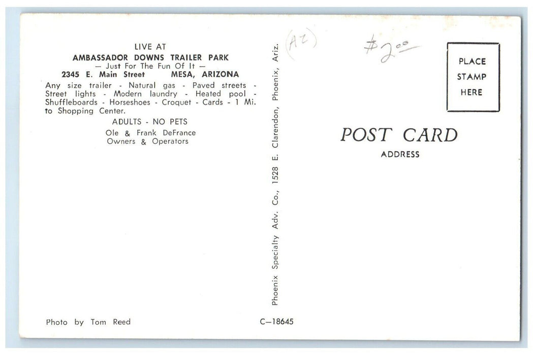 c1950's Ambassador Downs Trailer Park Mesa Arizona AZ, Swimming Pool Postcard