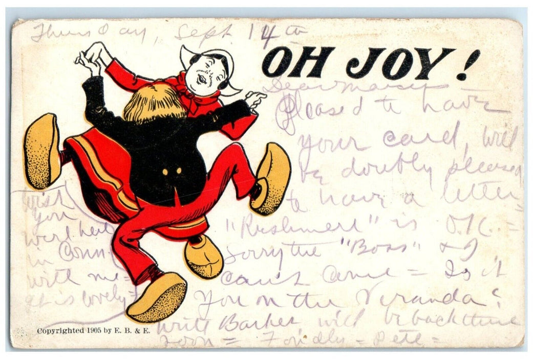 1905 Oh Joy Dancing Couple Big Shoes Plainville Connecticut CT Postcard