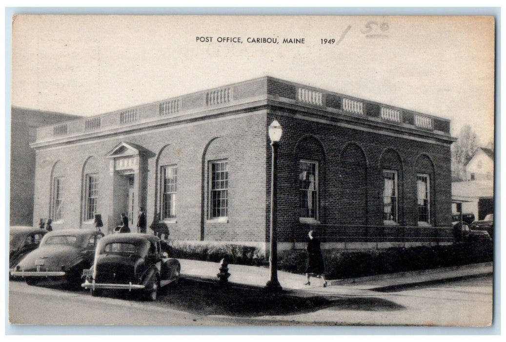 c1910 Exterior View Post Office Building Classic Cars Caribou Maine ME Postcard