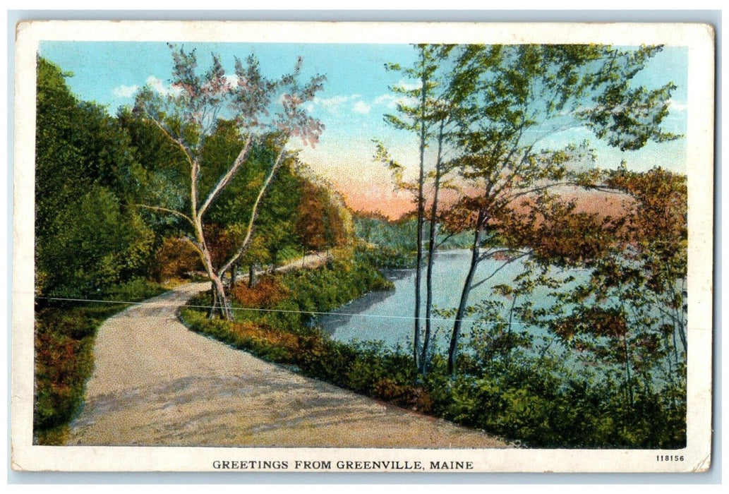 1930 Scenic View Greetings From Greenville Maine ME Lake Road Antique Postcard