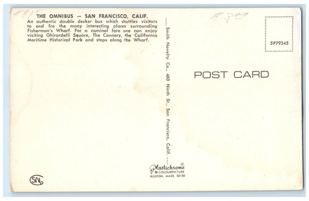 c1950's The Omnibus Decker Bus Bay Cruise Restaurant San Francisco CA Postcard