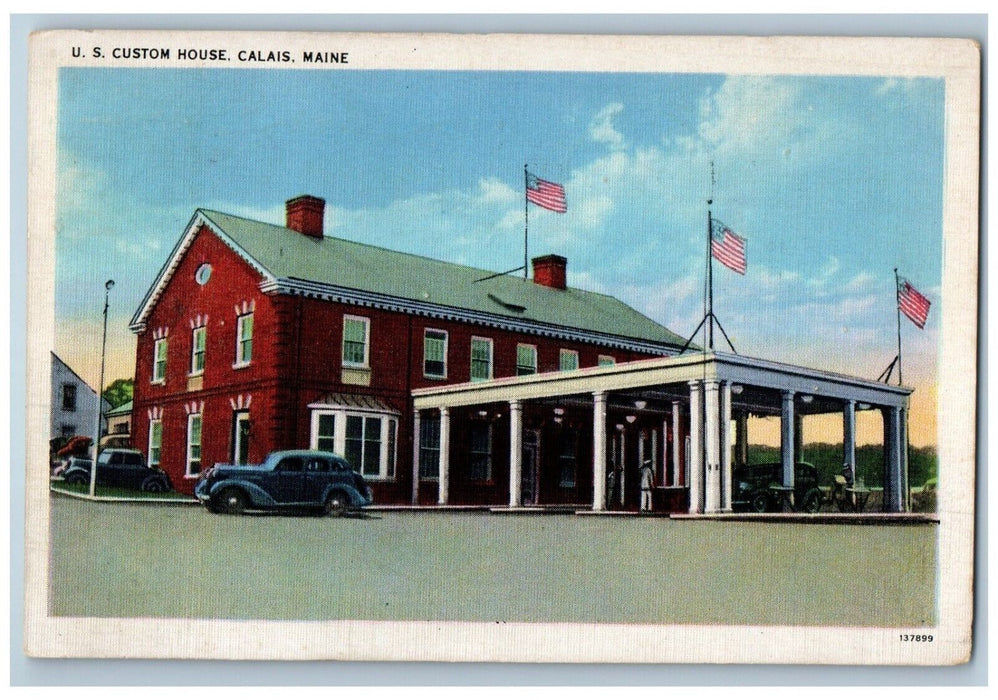 1942 Exterior View United States Custom House Classic Cars Calais Maine Postcard