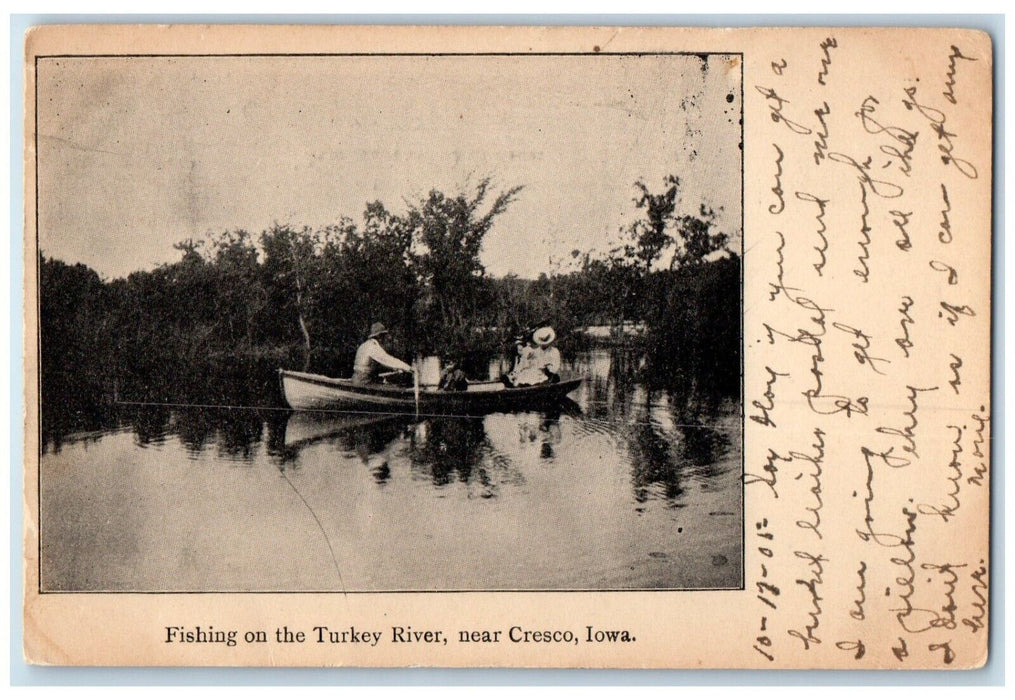 1905 Fishing Turkey River Canoe Boat Lake Cresco Iowa Vintage Antique Postcard