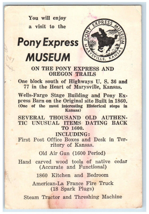 c1950 Pony Express Town Oregon Trails Well Fargo Marysville Kansas KS Postcard