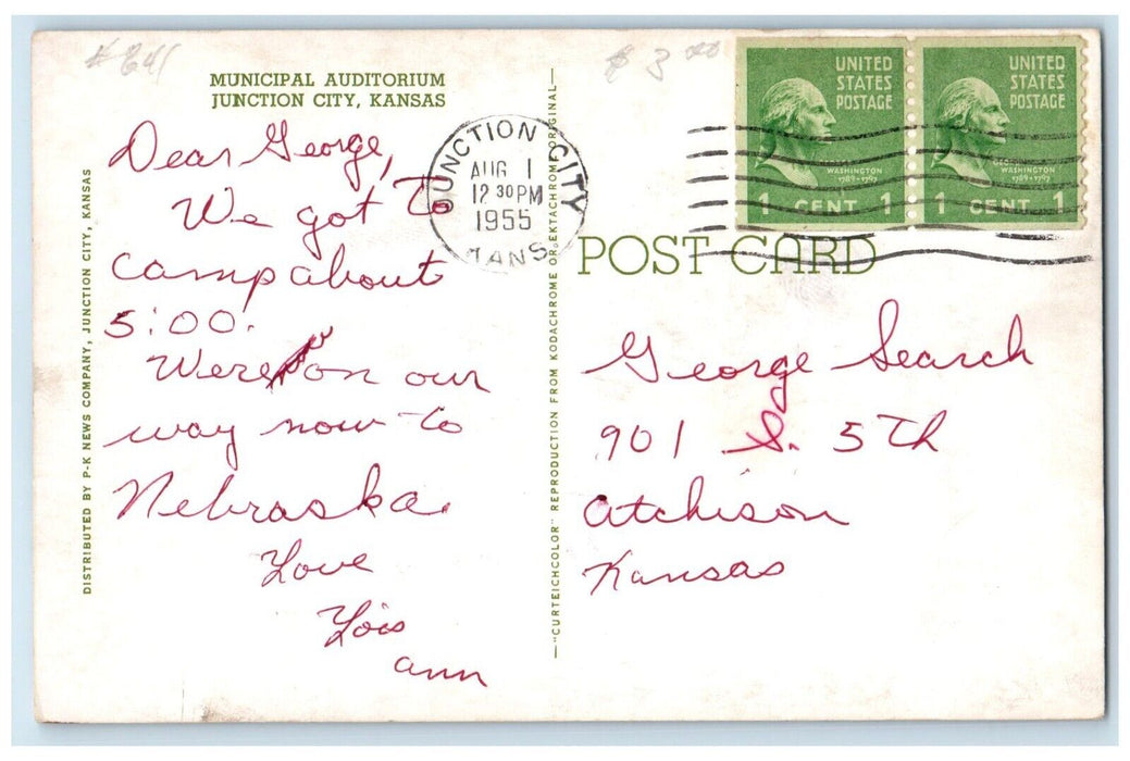 1955 Municipal Auditorium Exterior Building Street Junction City Kansas Postcard