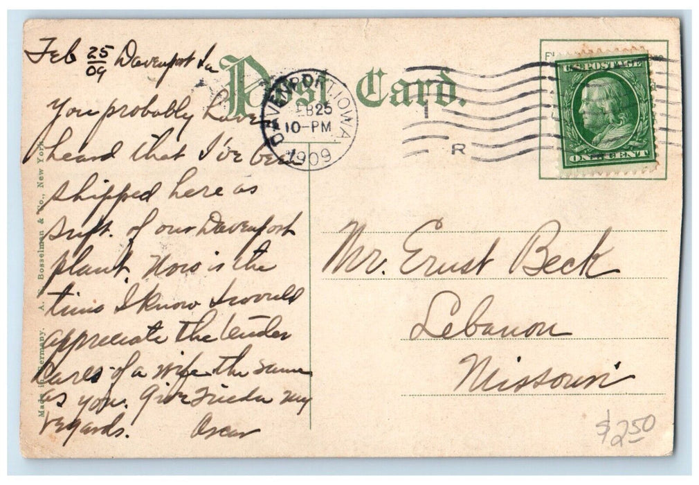 1909 Interior View Lounging Room Commercial Mens Club Davenport Iowa IA Postcard
