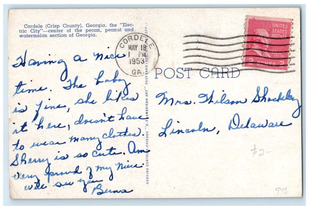 1953 Exterior View United States Post Office Building Cordele Georgia Postcard