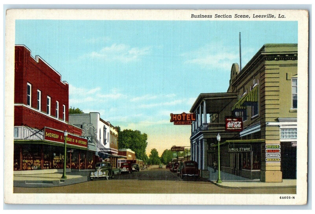 c1940 Business Section Scene Hotel Road Street Leesville Louisiana LA Postcard