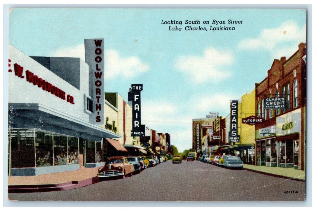 1958 Looking South Ryan Street Lake Charles Louisiana LA Vintage Posted Postcard