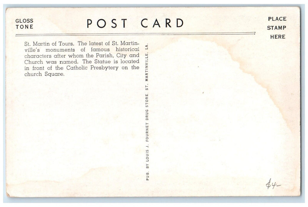 c1940 Statue St Martin Tours Monument St Martinville Louisiana Unposted Postcard