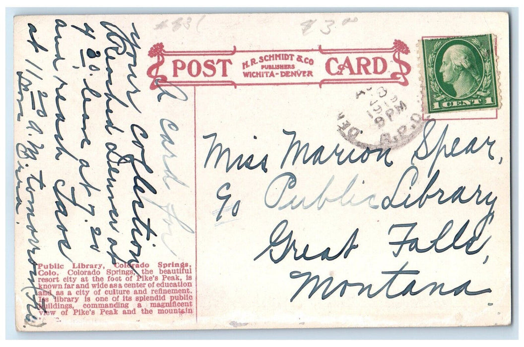 1919 Public Library Building Dirt Road Colorado Springs Colorado CO Postcard