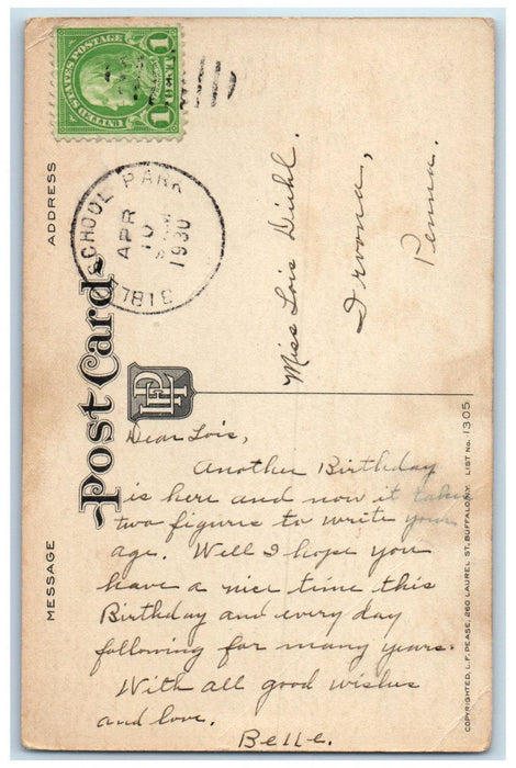 1930 Birthday Wishes Butterfly Flower Bible School Park New York NY Postcard