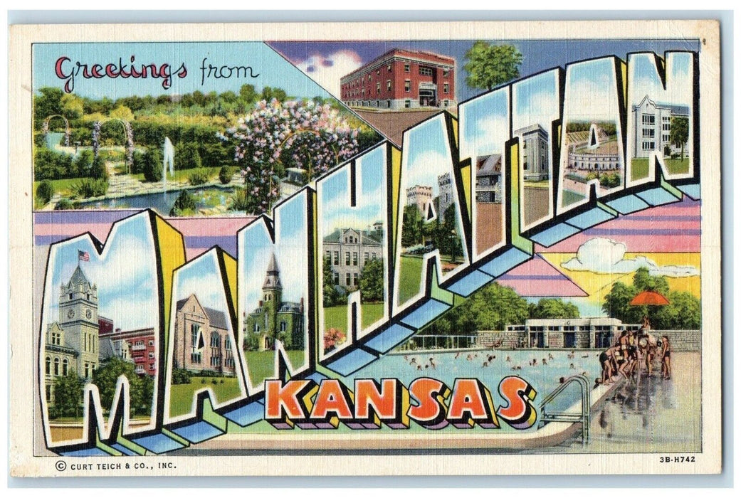 c1940 Greetings From Manhattan Kansas KS Vintage Big Letters Multiview Postcard