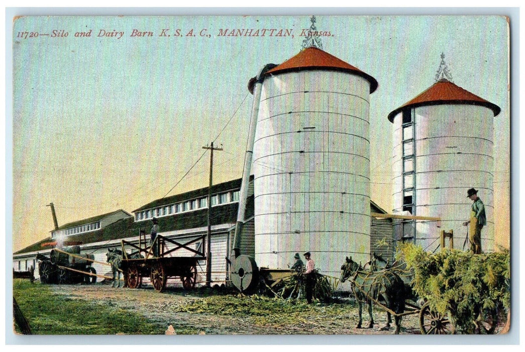 c1910 Silo Dairy Barn KSAC Horse Carriage Exterior Manhattan Kansas KS Postcard