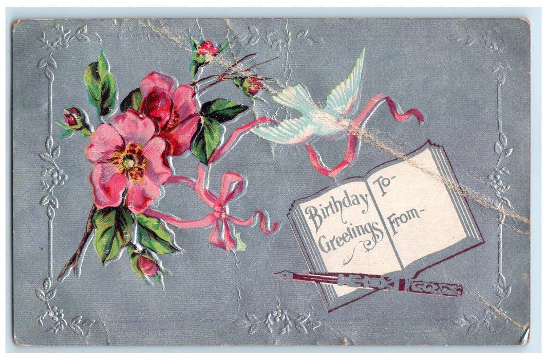 1909 Birthday Greetings Book Pen Bird Flowers Driftwood PA Embossed Postcard