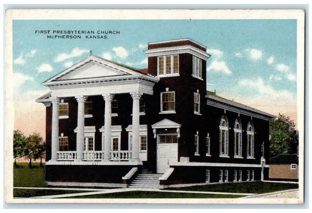 c1920 First Presbyterian Church Chapel Stairs Exterior McPherson Kansas Postcard