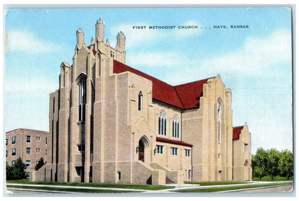 c1940 First Methodist Church Chapel Exterior Road Building Hays Kansas Postcard