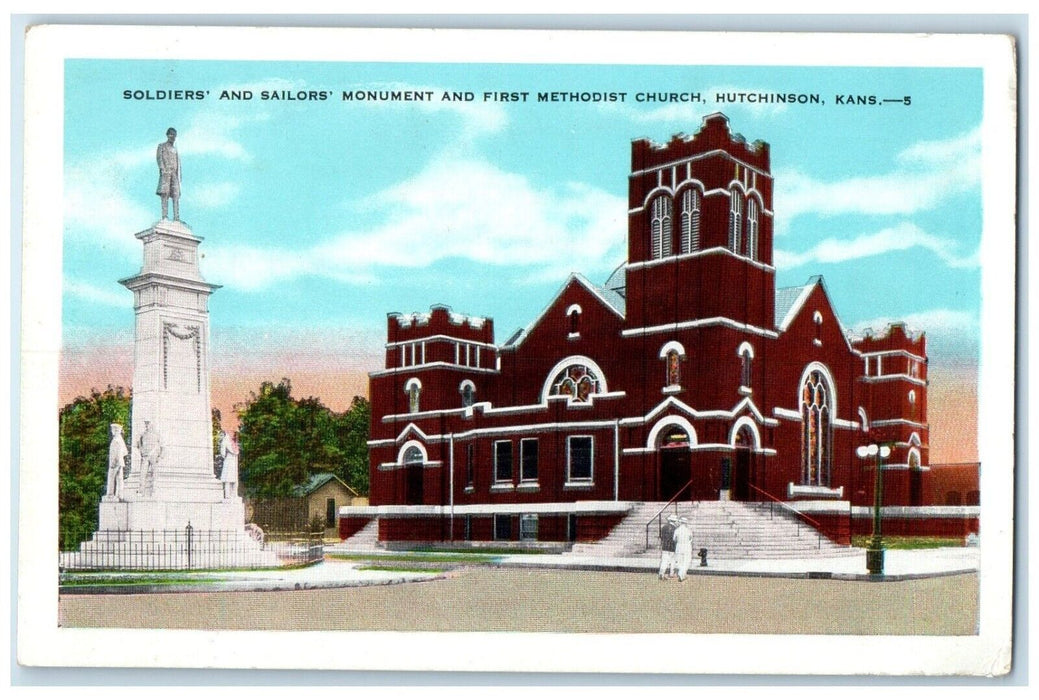 1920 Soldiers Sailors Monument First Methodist Statue Church Hutchinson Postcard