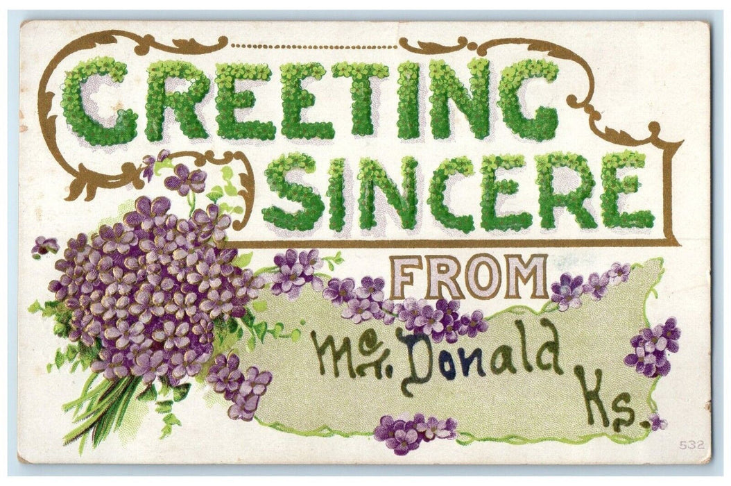 1910 Greetings Sincere From Embossed Glitter McDonald Kansas KS Vintage Postcard