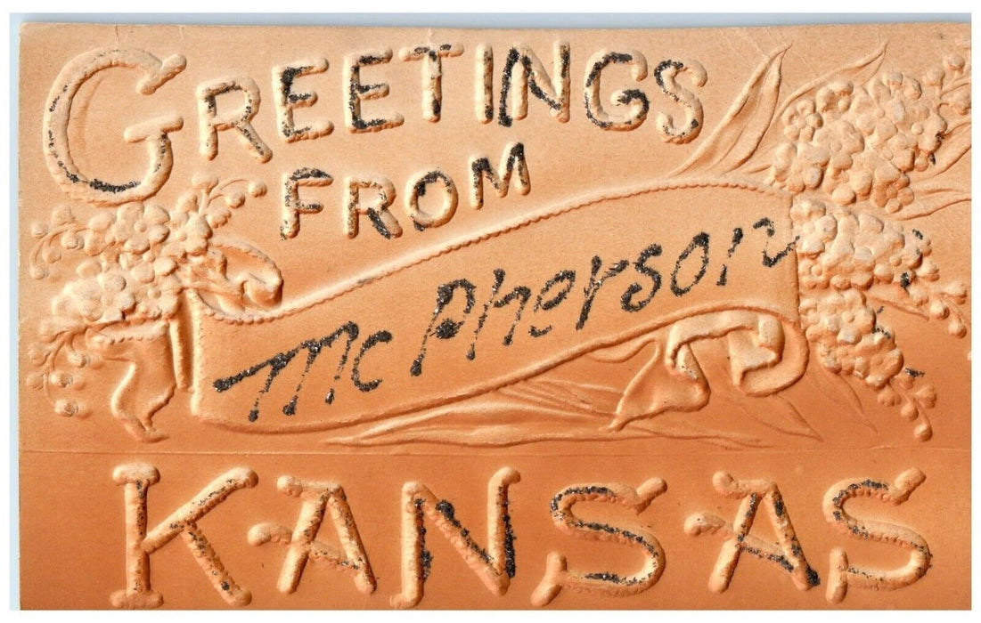 c1910 Greetings From Embossed Glitter McPherson Kansas Vintage Antique Postcard