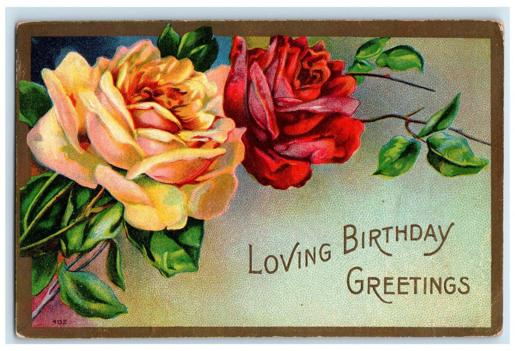 1910 Birthday Greetings Red Yellow Flowers Goldengate IL Colored Cancel Postcard