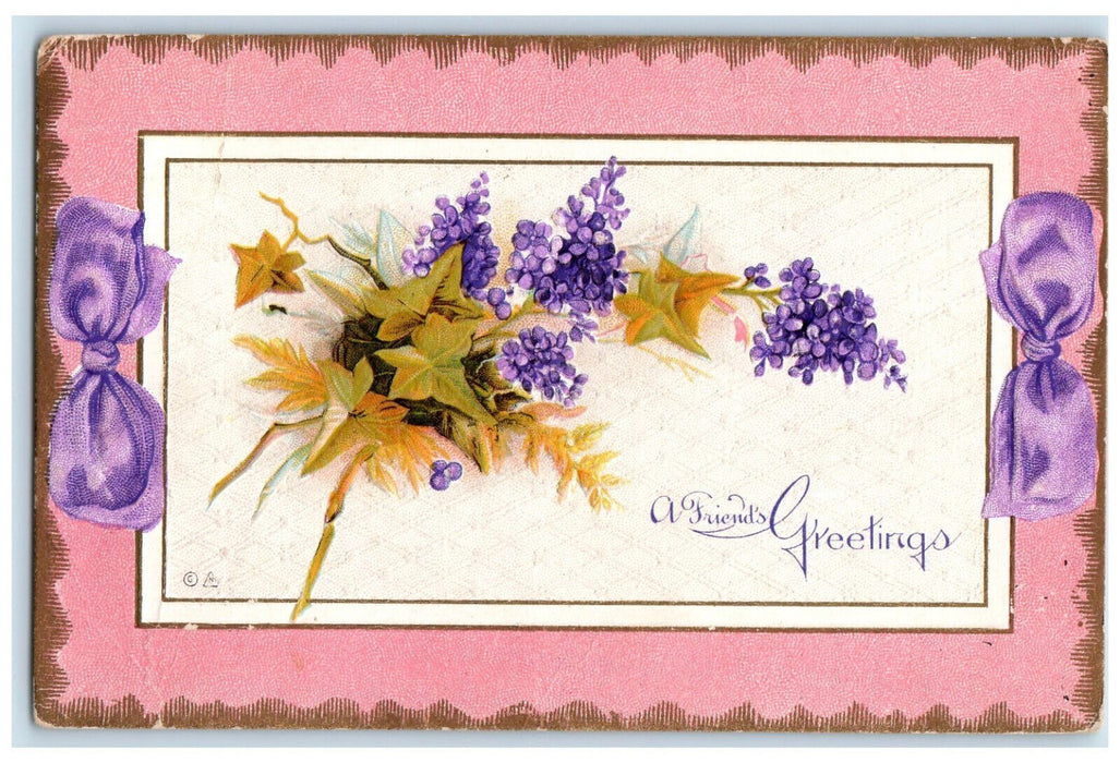 1912 Flower Leaf Ribbon A Friends Greetings Bone Gap IL Embossed Postcard