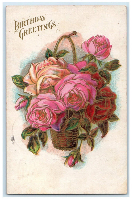 1909 Birthday Greetings Flowers in the Basket Bone Gap IL Embossed Postcard