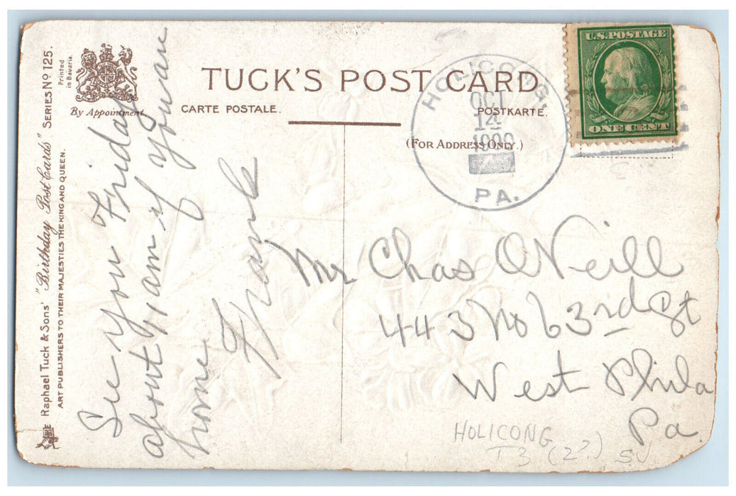 1909 Leaf Flowers Wish You Best Holicong PA Birthday Postcards Tuck Art Postcard