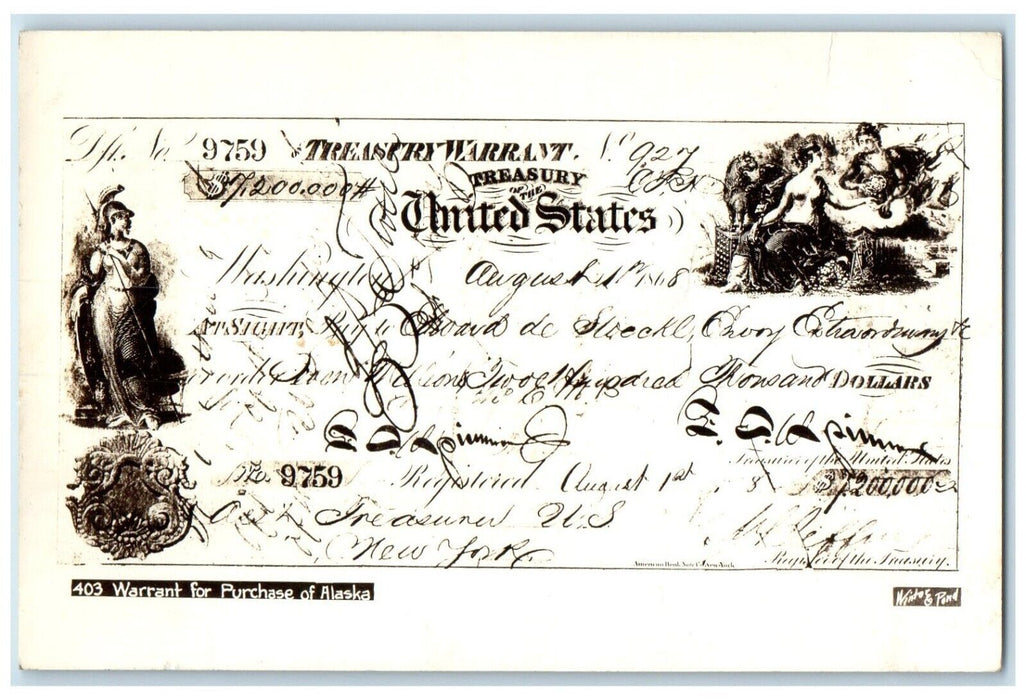 c1940's Treasury Warrant Of The United States Alaska AK RPPC Photo Postcard