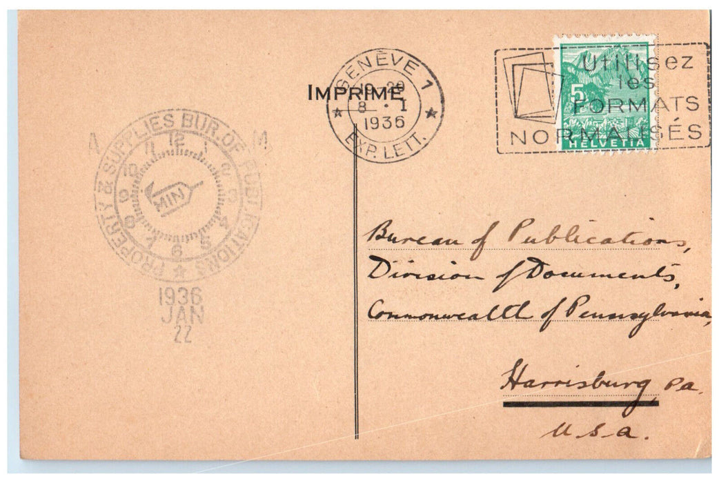 1936 International Bureau of Education Rue Des Maraichers Geneva Switz. Postcard