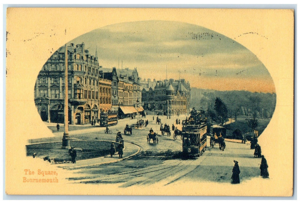 1913 Trolley Car Horse Carriage The Square Bournemouth England Antique Postcard