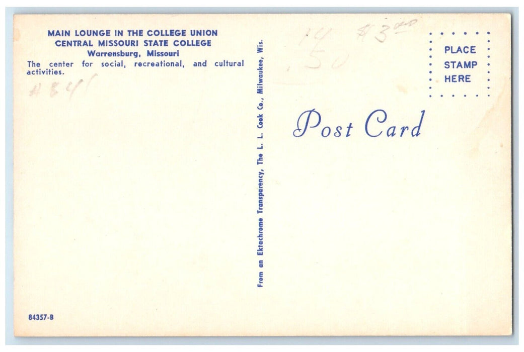 c1950's Main Lounge In The College Union Interior View Warrensburg MO Postcard