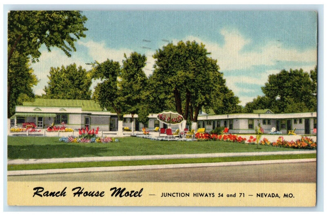 1954 Ranch House Motel Roadside Nevada Missouri MO, Flowers Garden Postcard