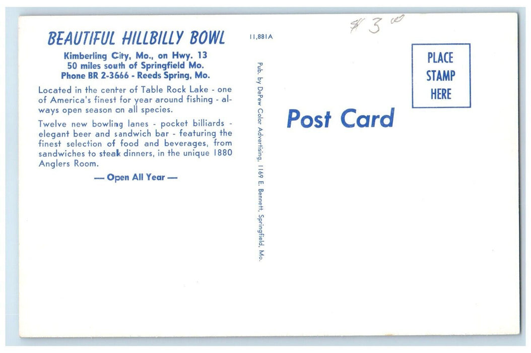 c1950's Hillbilly Bowl Kimberling City Missouri MO, Multiview Vintage Postcard