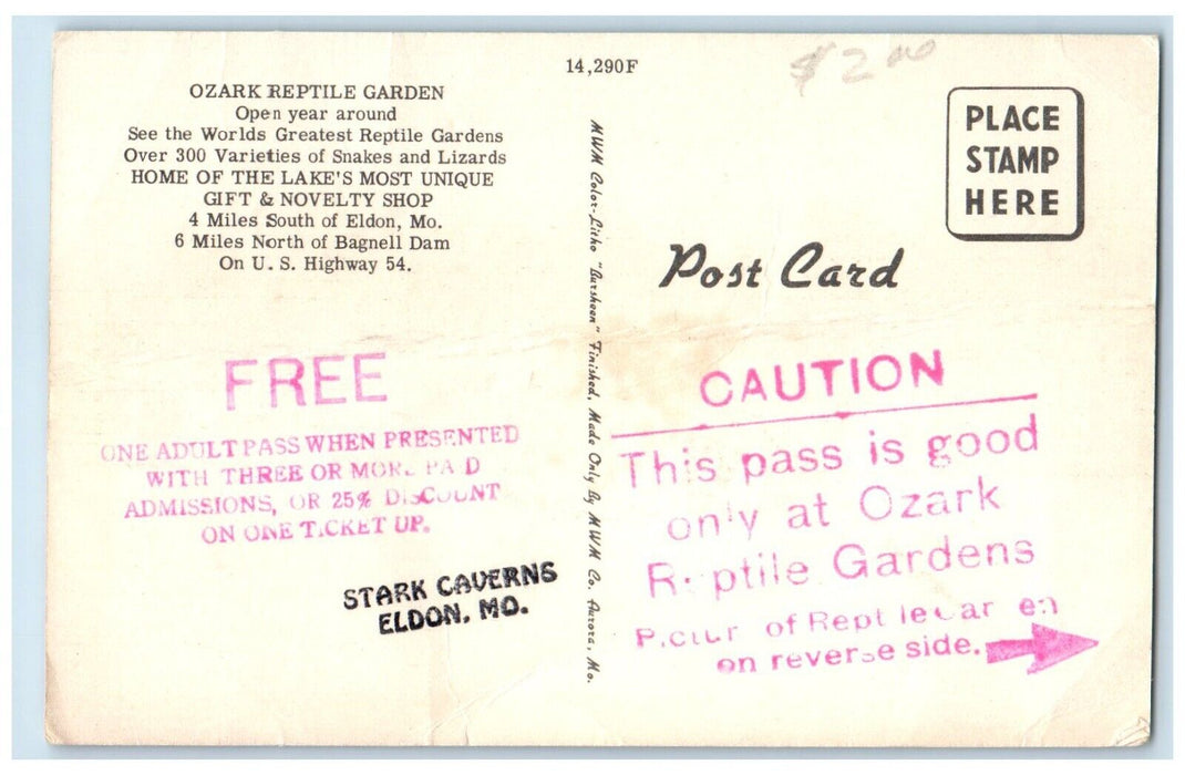 c1950's Ozark Reptile Gardens Roadside Eldon Missouri MO Posted Vintage Postcard