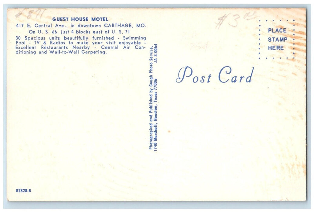 c1960's Guest House Motel Cars Roadside Carthage Missouri MO Vintage Postcard