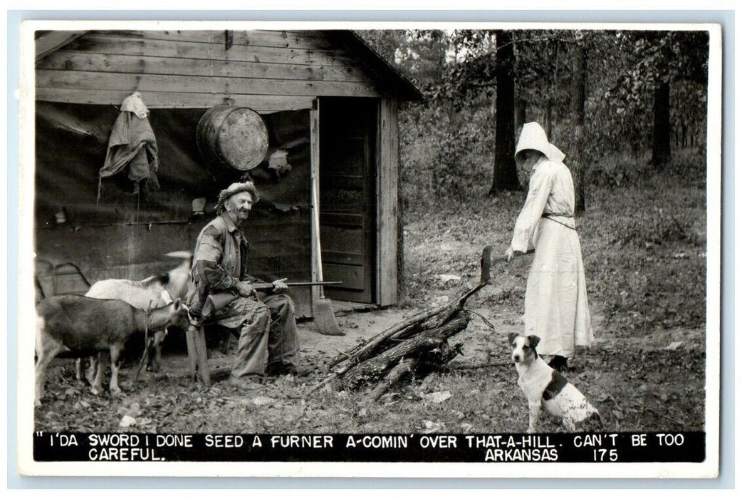 1951 Shack Man Woman Dog Goat Axe Shotgun Mountain Home AR RPPC Photo Postcard